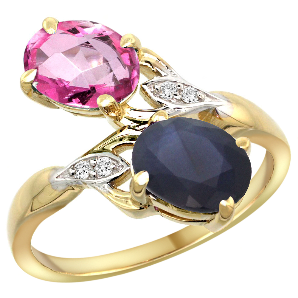 10K YELLOW GOLD DIAMOND NATURAL PINK TOPAZ & AUSTRALIAN SAPPHIRE 2-STONE RING OVAL 8X6MM, SIZES 5 - 10