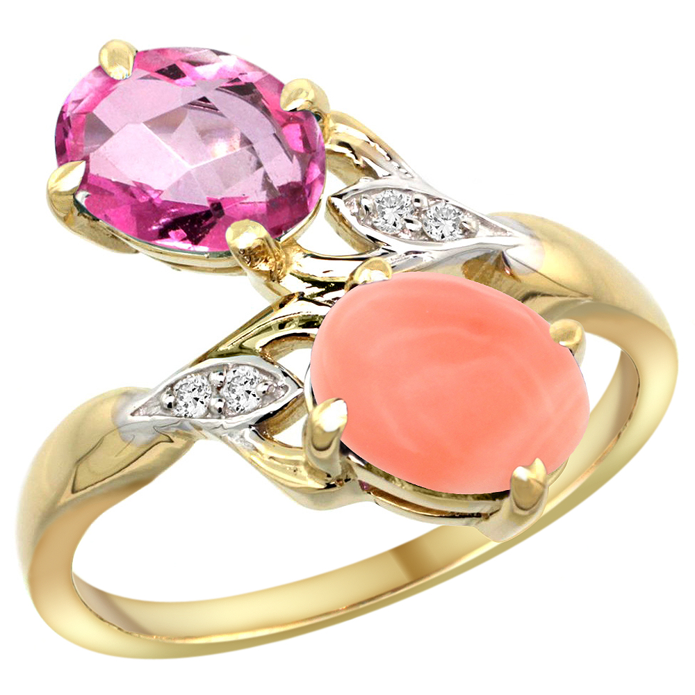 10K Yellow Gold Diamond Natural Pink Topaz & Coral 2-stone Ring Oval 8x6mm, sizes 5 - 10