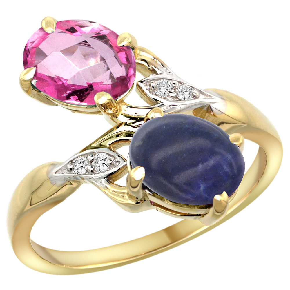 10K YELLOW GOLD DIAMOND NATURAL PINK TOPAZ & LAPIS 2-STONE RING OVAL 8X6MM, SIZES 5 - 10