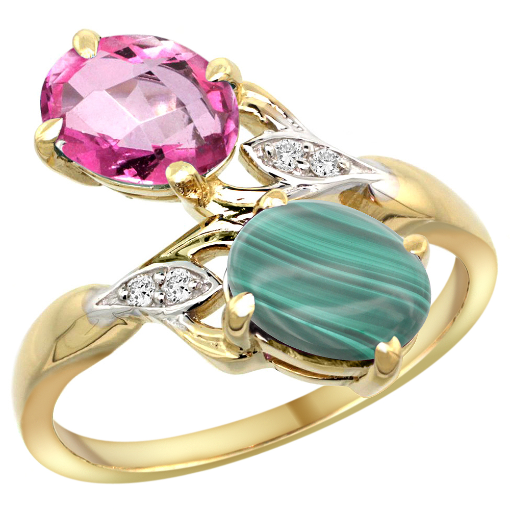 14k Yellow Gold Diamond Natural Pink Topaz & Malachite 2-stone Ring Oval 8x6mm, sizes 5 - 10