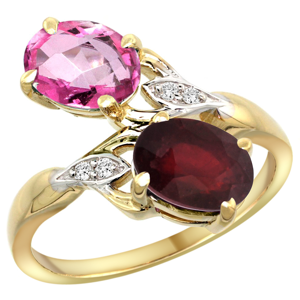 10K YELLOW GOLD DIAMOND NATURAL PINK TOPAZ RUBY 2-STONE MOTHERS RING OVAL 8X6MM SIZE 5 - 10
