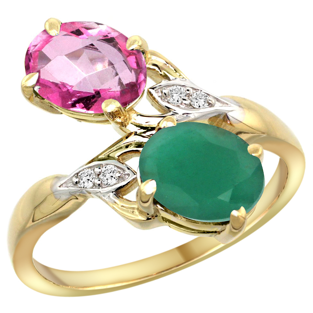 10K Yellow Gold Diamond Natural Pink Topaz & Quality Emerald 2-stone Mothers Ring Oval 8x6mm, size 5 - 10