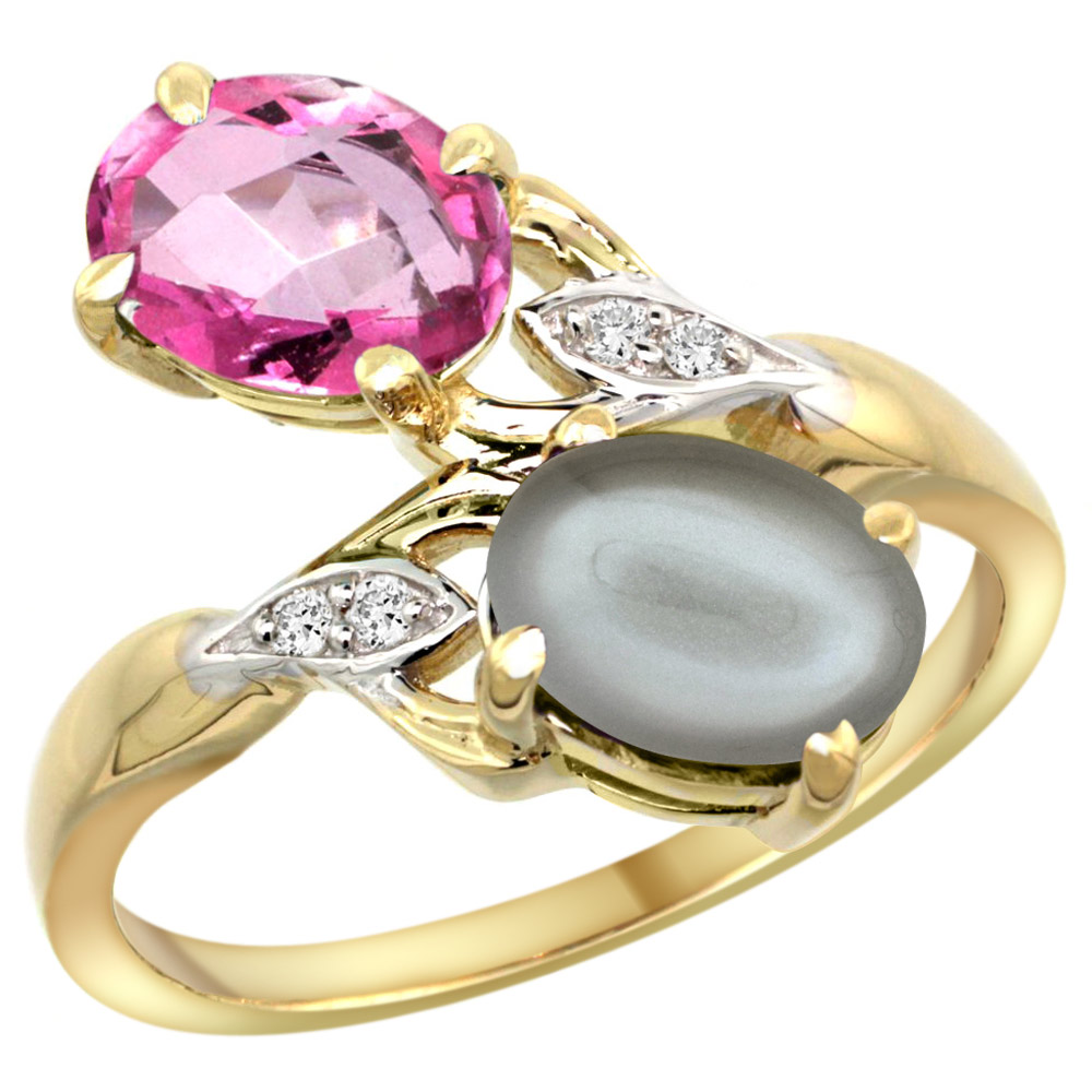 10K YELLOW GOLD DIAMOND NATURAL PINK TOPAZ & GRAY MOONSTONE 2-STONE RING OVAL 8X6MM, SIZES 5 - 10