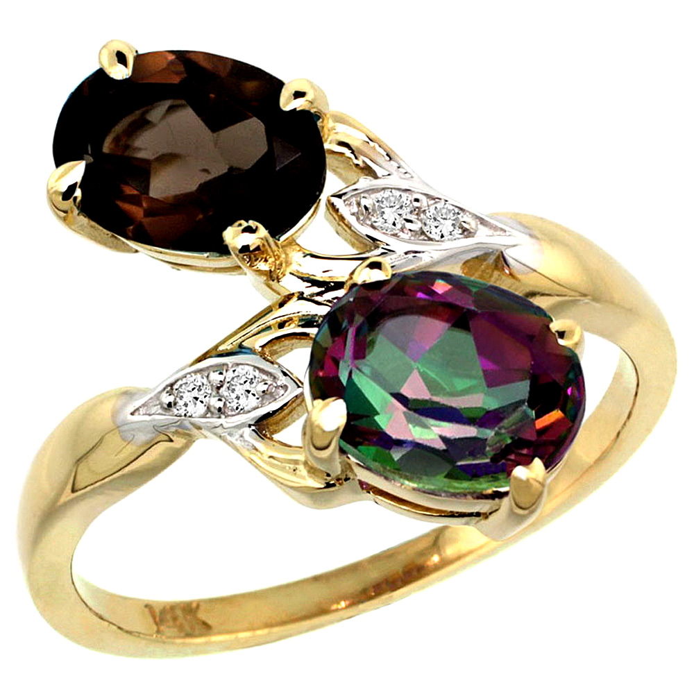 14K YELLOW GOLD DIAMOND NATURAL SMOKY & MYSTIC TOPAZ 2-STONE RING OVAL 8X6MM, SIZES 5 - 10