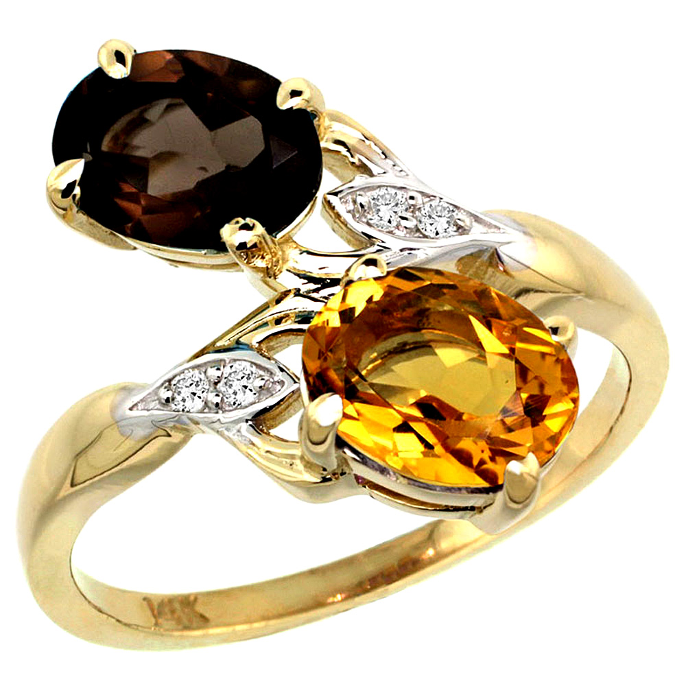 14K YELLOW GOLD DIAMOND NATURAL SMOKY TOPAZ & CITRINE 2-STONE RING OVAL 8X6MM, SIZES 5 - 10