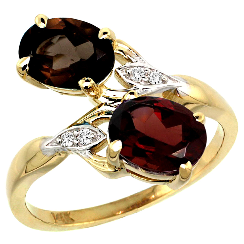 14K YELLOW GOLD DIAMOND NATURAL SMOKY TOPAZ & GARNET 2-STONE RING OVAL 8X6MM, SIZES 5 - 10