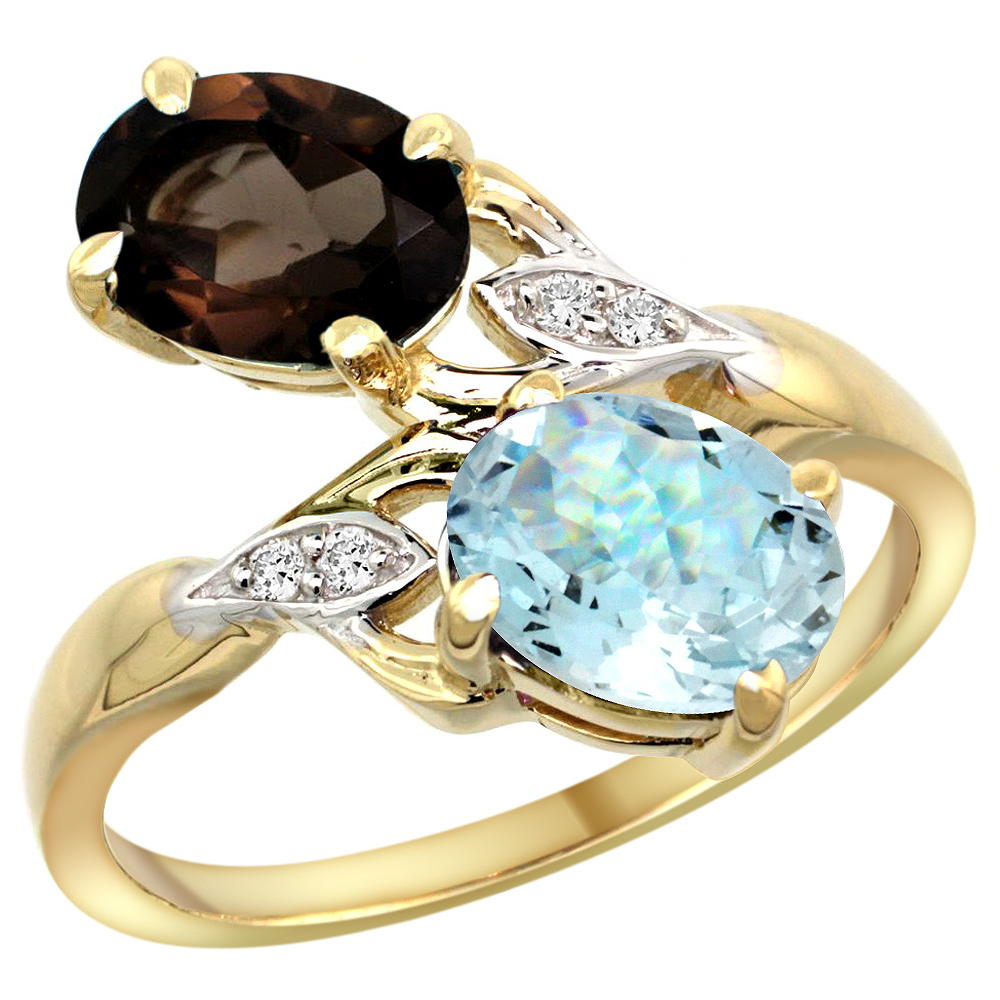 10K YELLOW GOLD DIAMOND NATURAL SMOKY TOPAZ & AQUAMARINE 2-STONE RING OVAL 8X6MM, SIZES 5 - 10