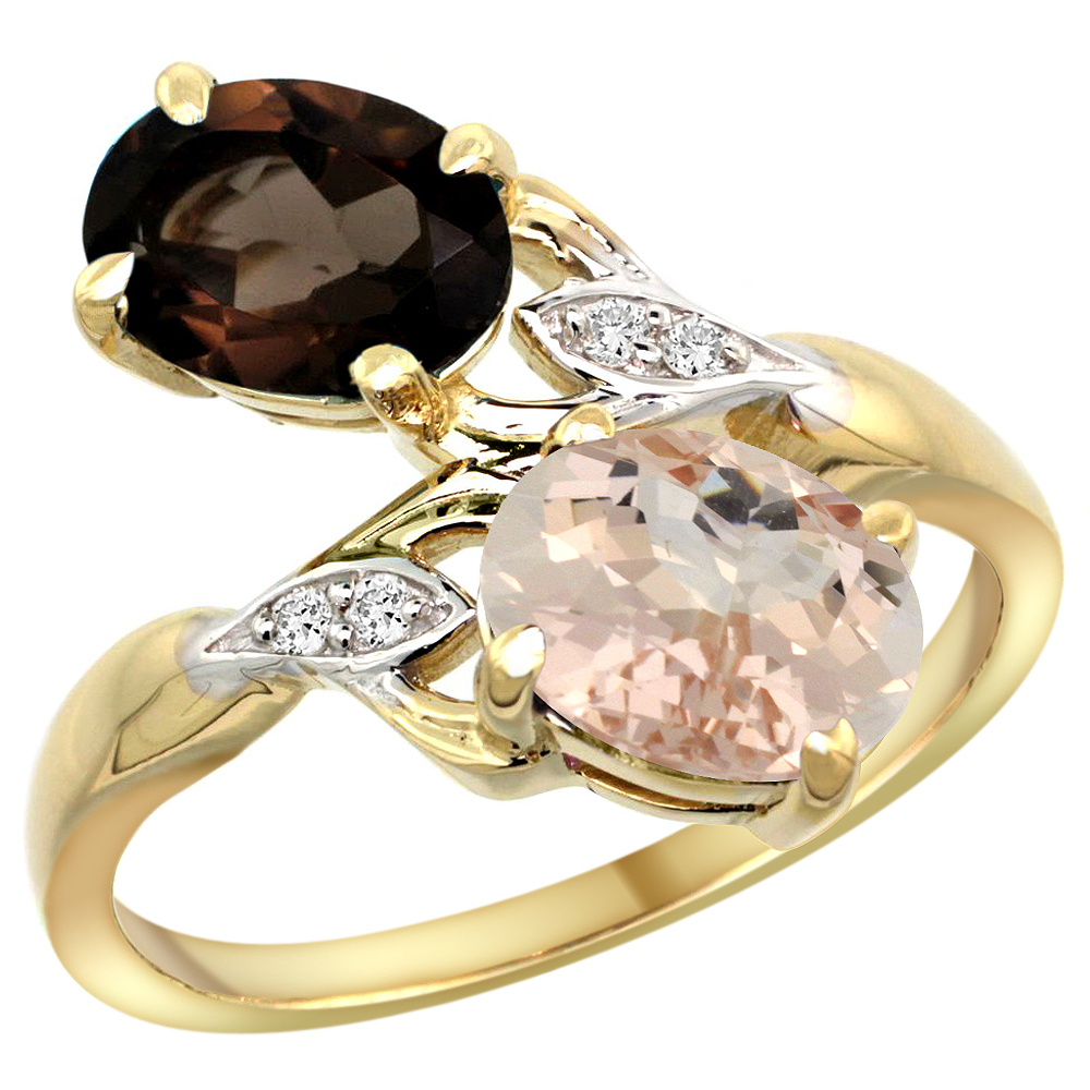 14k Yellow Gold Diamond Natural Smoky Topaz &amp; Morganite 2-stone Ring Oval 8x6mm, sizes 5 - 10