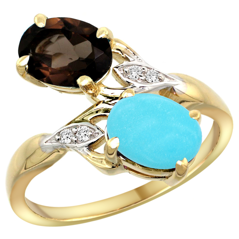 10K YELLOW GOLD DIAMOND NATURAL SMOKY TOPAZ & TURQUOISE 2-STONE RING OVAL 8X6MM, SIZES 5 - 10