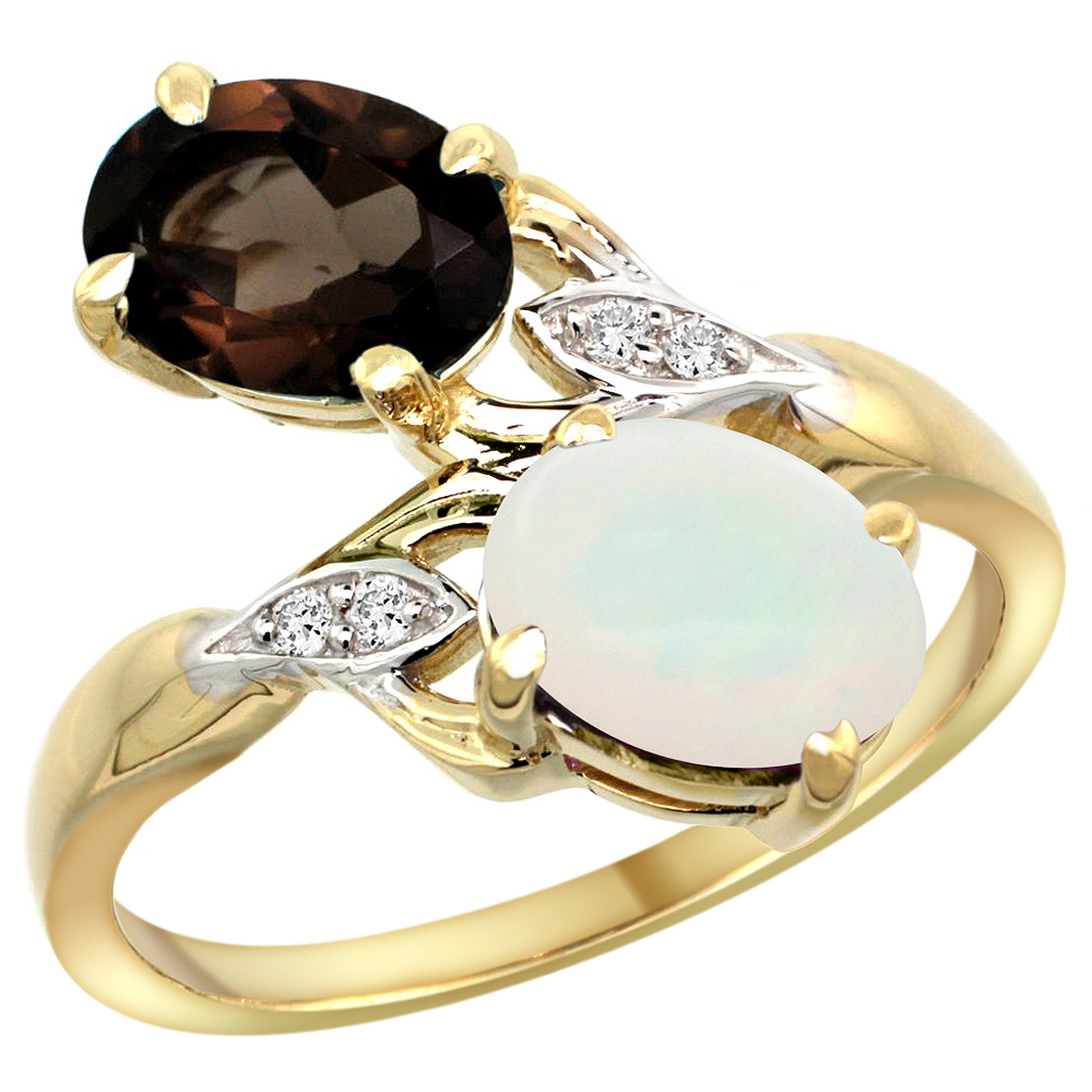 10K Yellow Gold Diamond Natural Smoky Topaz & Opal 2-stone Ring Oval 8x6mm, sizes 5 - 10