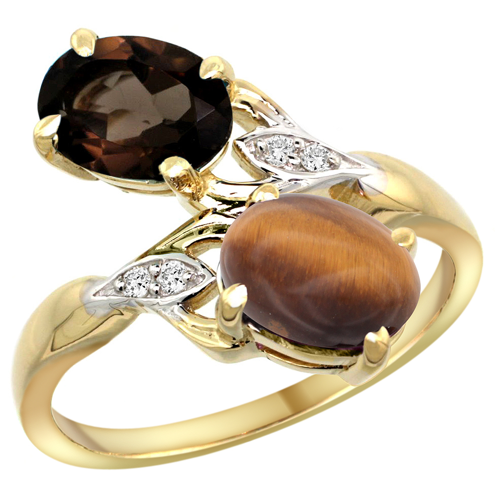 14k Yellow Gold Diamond Natural Smoky Topaz &amp; Tiger Eye 2-stone Ring Oval 8x6mm, sizes 5 - 10