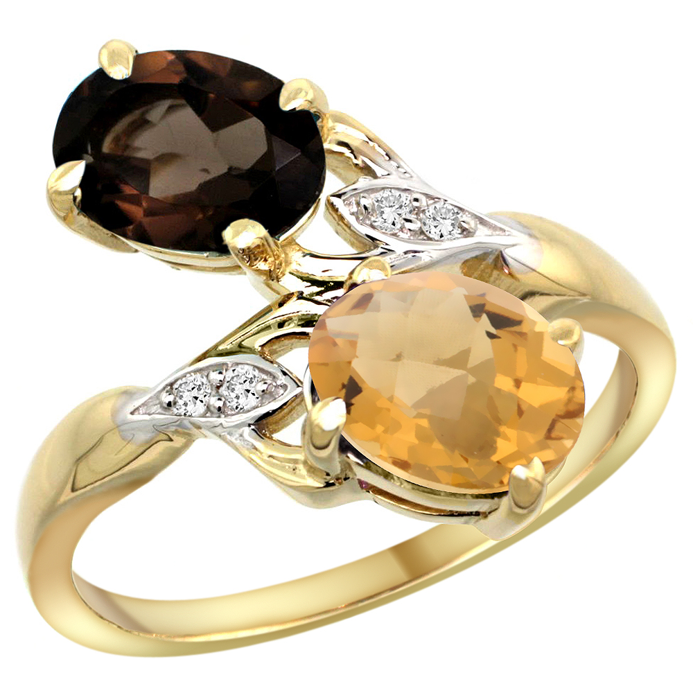 10K Yellow Gold Diamond Natural Smoky Topaz & Whisky Quartz 2-stone Ring Oval 8x6mm, sizes 5 - 10