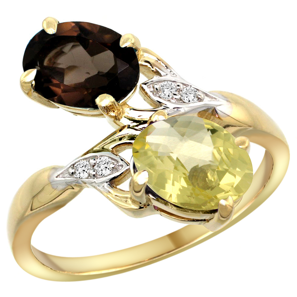 10K YELLOW GOLD DIAMOND NATURAL SMOKY TOPAZ & LEMON QUARTZ 2-STONE RING OVAL 8X6MM, SIZES 5 - 10