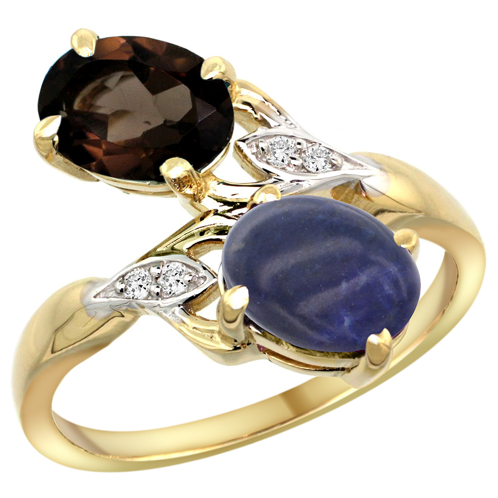 10K YELLOW GOLD DIAMOND NATURAL SMOKY TOPAZ & LAPIS 2-STONE RING OVAL 8X6MM, SIZES 5 - 10