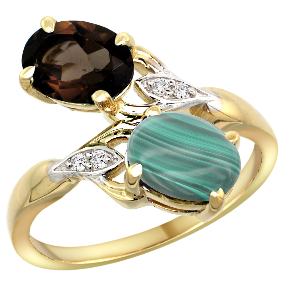 10K Yellow Gold Diamond Natural Smoky Topaz &amp; Malachite 2-stone Ring Oval 8x6mm, sizes 5 - 10