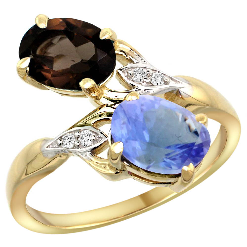 10K Yellow Gold Diamond Natural Smoky Topaz &amp; Tanzanite 2-stone Ring Oval 8x6mm, sizes 5 - 10