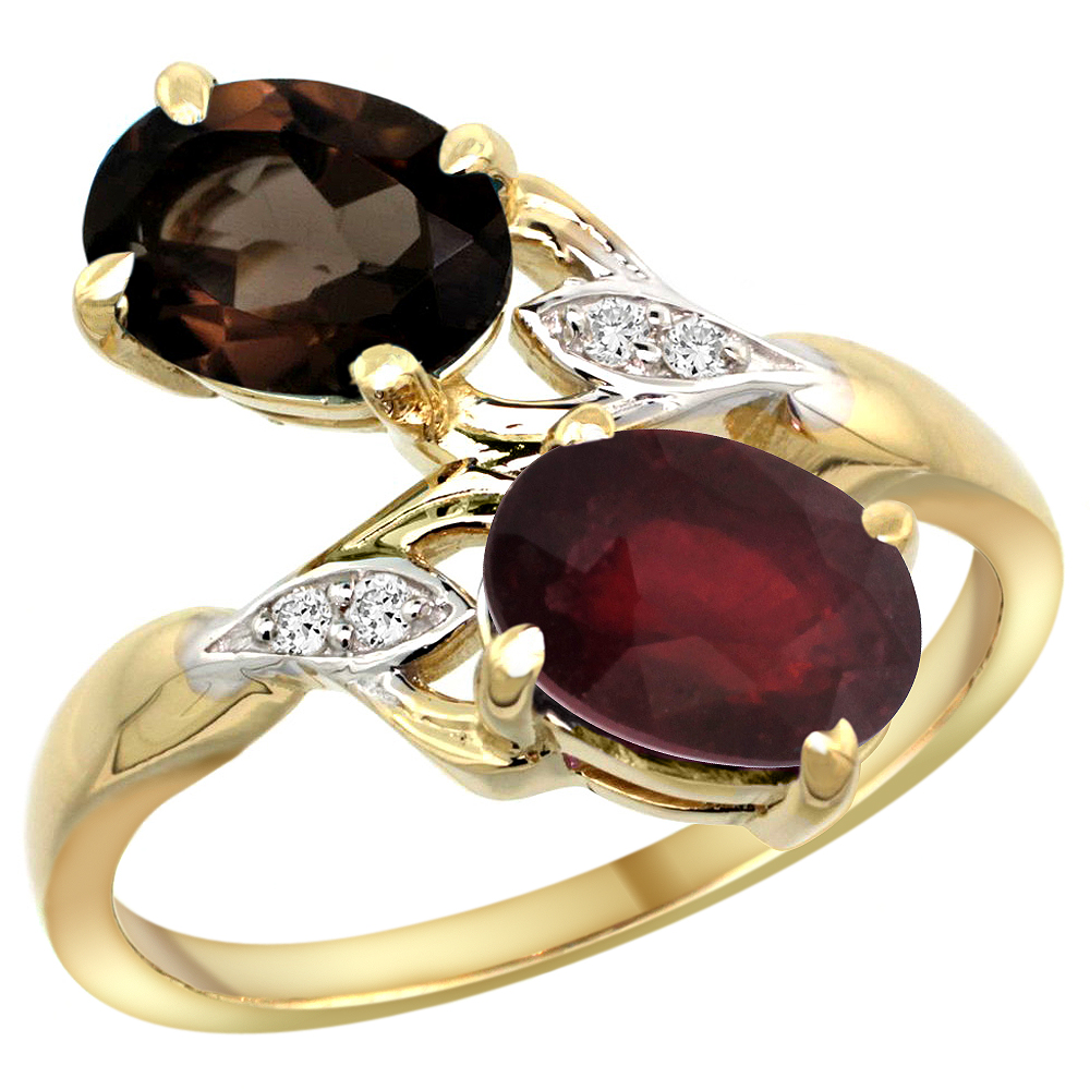 10K Yellow Gold Diamond Natural Smoky Topaz &amp; Quality Ruby 2-stone Mothers Ring Oval 8x6mm, size 5 - 10