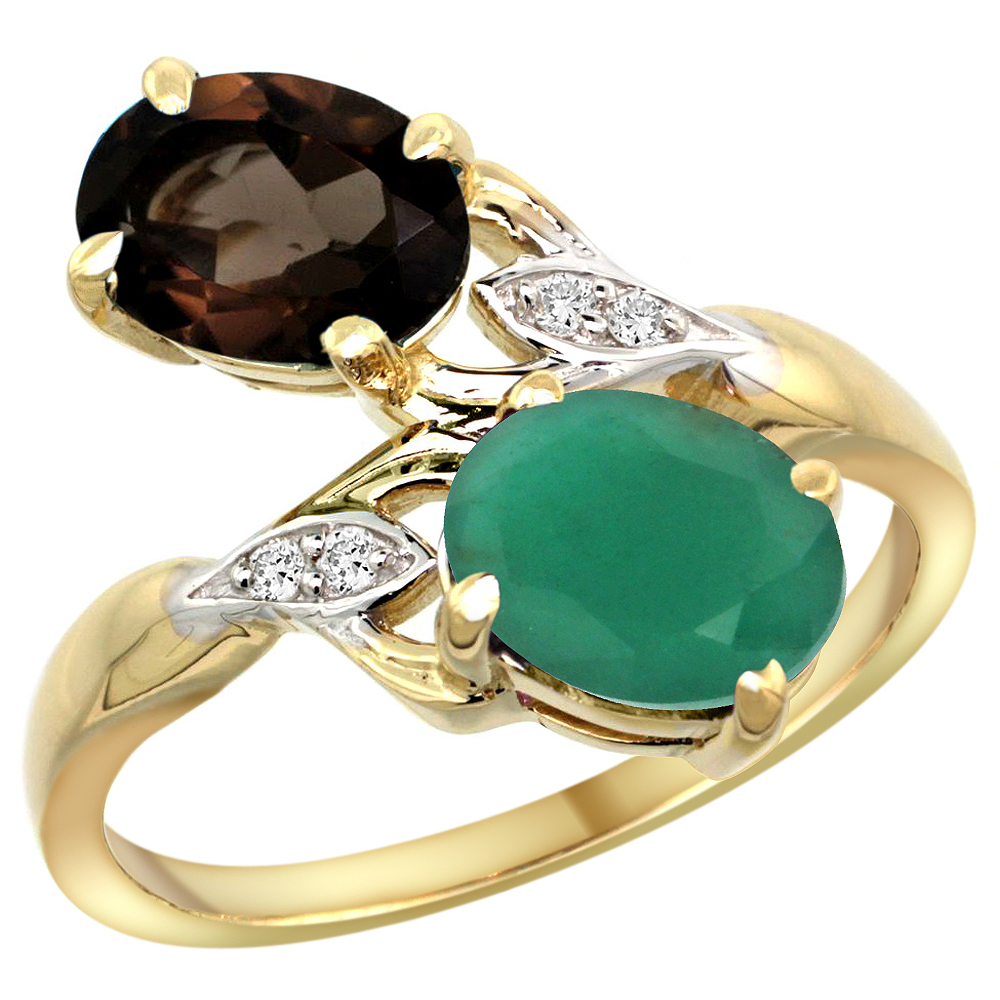 10K YELLOW GOLD DIAMOND NATURAL SMOKY TOPAZ EMERALD 2-STONE MOTHERS RING OVAL 8X6MM SIZE 5-10