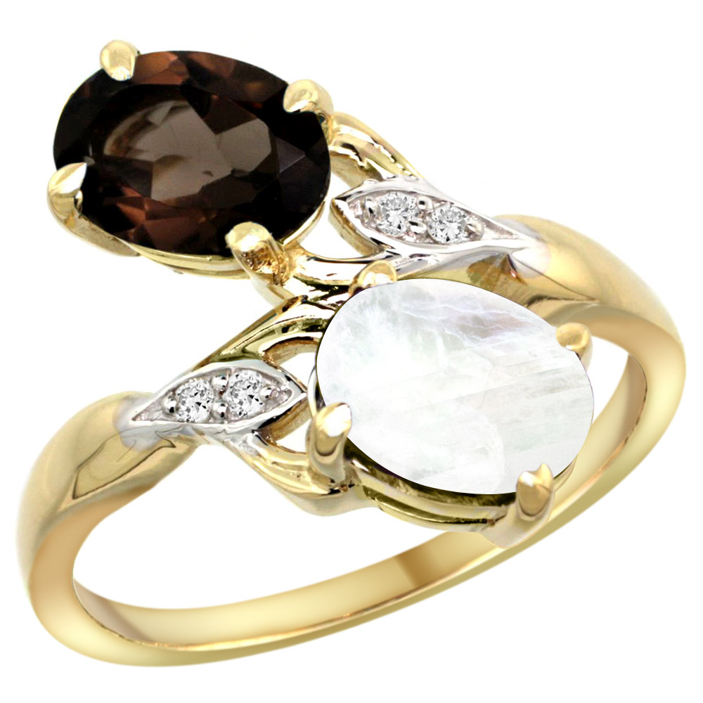 10K YELLOW GOLD DIAMOND NATURAL SMOKY TOPAZ & RAINBOW MOONSTONE 2-STONE RING OVAL 8X6MM, SIZES 5 - 10