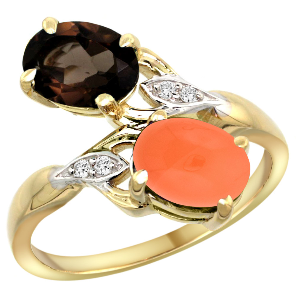 10K YELLOW GOLD DIAMOND NATURAL SMOKY TOPAZ & ORANGE MOONSTONE 2-STONE RING OVAL 8X6MM, SIZES 5 - 10