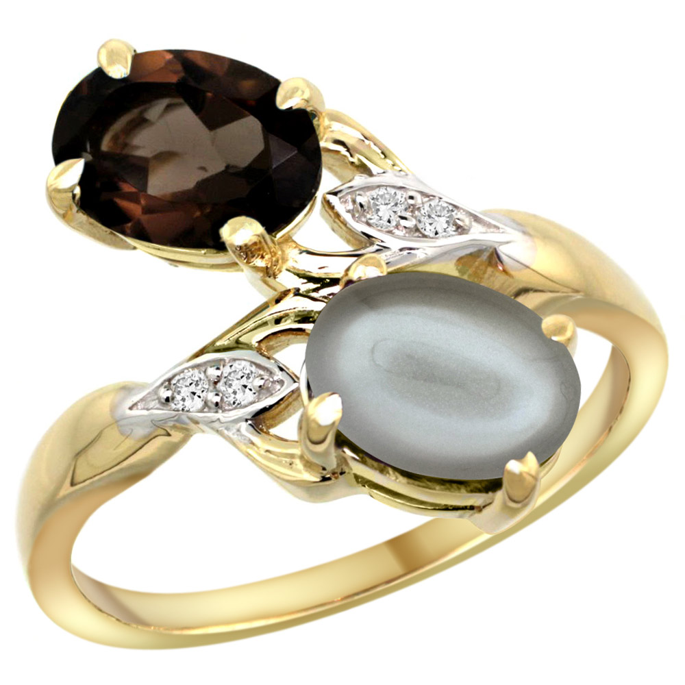 10K YELLOW GOLD DIAMOND NATURAL SMOKY TOPAZ & GRAY MOONSTONE 2-STONE RING OVAL 8X6MM, SIZES 5 - 10
