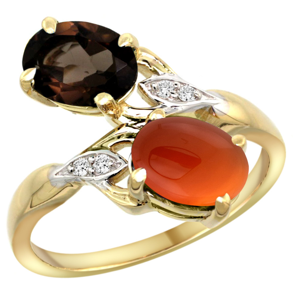 10K YELLOW GOLD DIAMOND NATURAL SMOKY TOPAZ & BROWN AGATE 2-STONE RING OVAL 8X6MM, SIZES 5 - 10