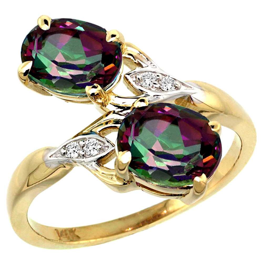 14K YELLOW GOLD DIAMOND NATURAL MYSTIC TOPAZ 2-STONE RING OVAL 8X6MM, SIZES 5 - 10