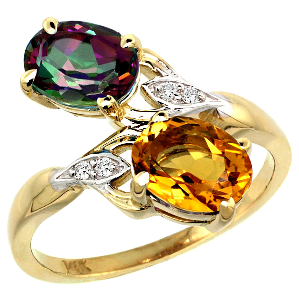 14K YELLOW GOLD DIAMOND NATURAL MYSTIC TOPAZ & CITRINE 2-STONE RING OVAL 8X6MM, SIZES 5 - 10