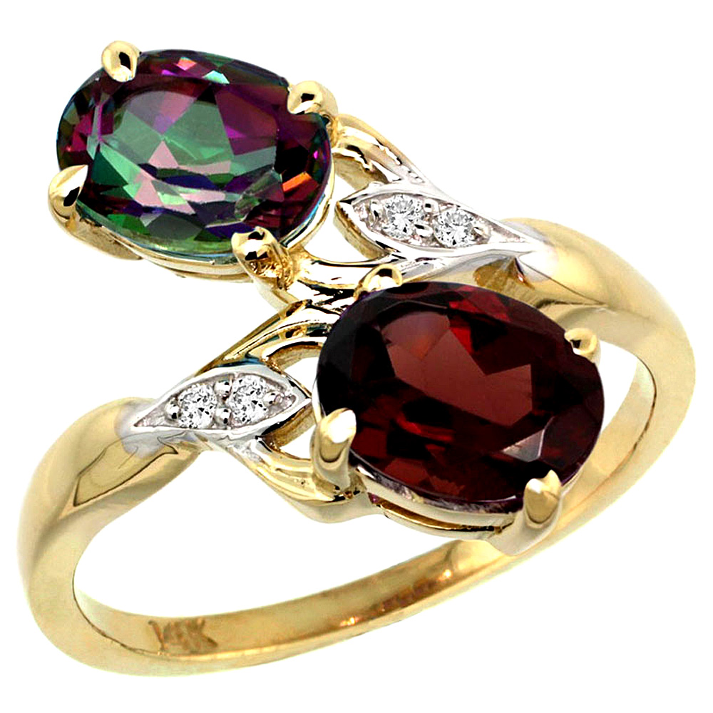 14K YELLOW GOLD DIAMOND NATURAL MYSTIC TOPAZ & GARNET 2-STONE RING OVAL 8X6MM, SIZES 5 - 10