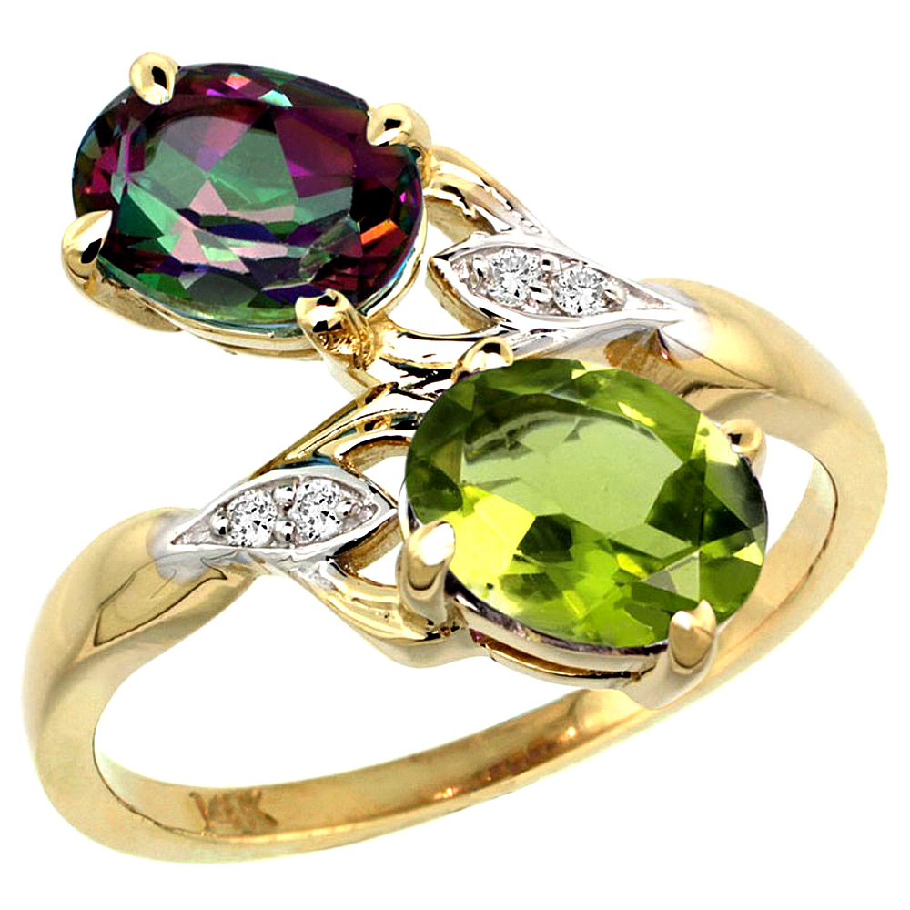 14K YELLOW GOLD DIAMOND NATURAL MYSTIC TOPAZ & PERIDOT 2-STONE RING OVAL 8X6MM, SIZES 5 - 10