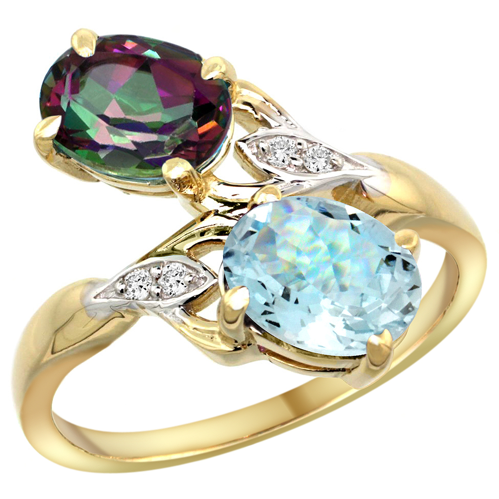 10K Yellow Gold Diamond Natural Mystic Topaz &amp; Aquamarine 2-stone Ring Oval 8x6mm, sizes 5 - 10