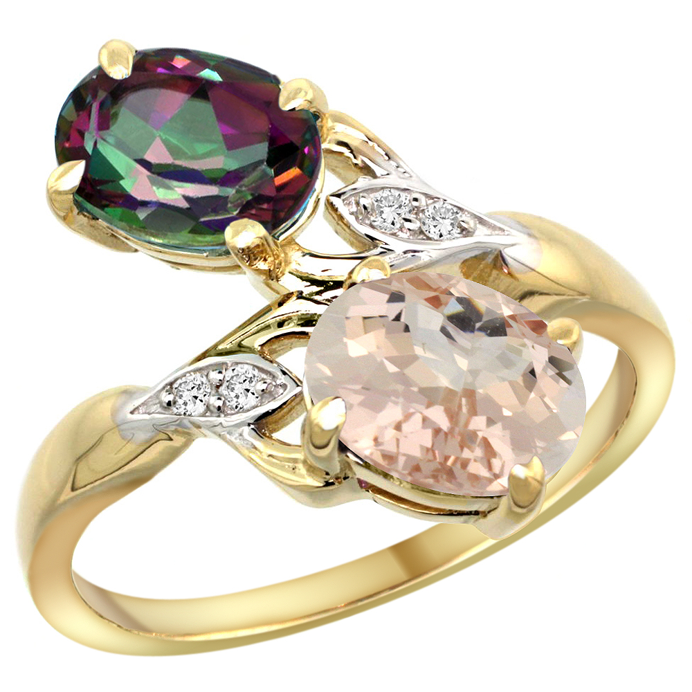 10K Yellow Gold Diamond Natural Mystic Topaz &amp; Morganite 2-stone Ring Oval 8x6mm, sizes 5 - 10