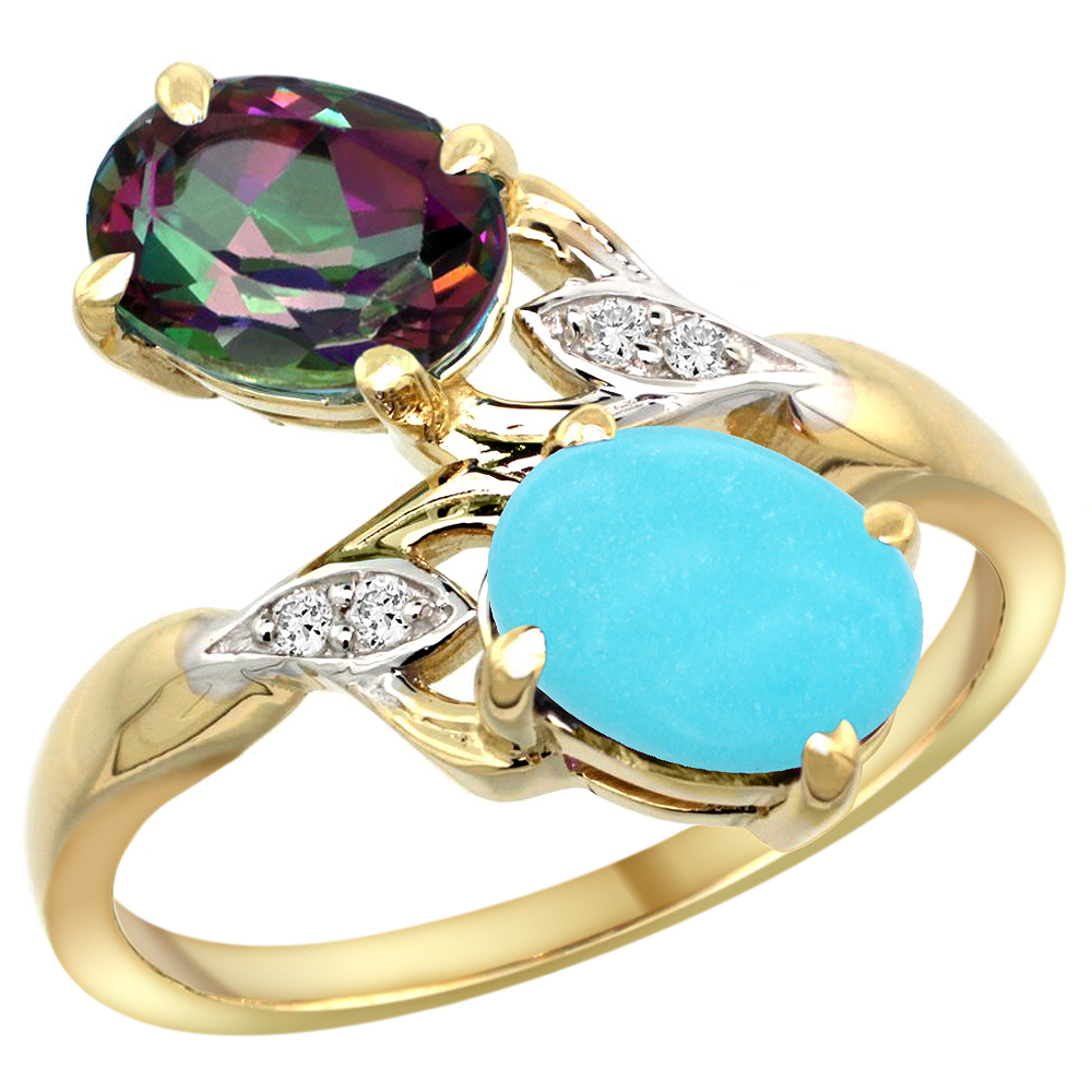 10K Yellow Gold Diamond Natural Mystic Topaz & Turquoise 2-stone Ring Oval 8x6mm, sizes 5 - 10