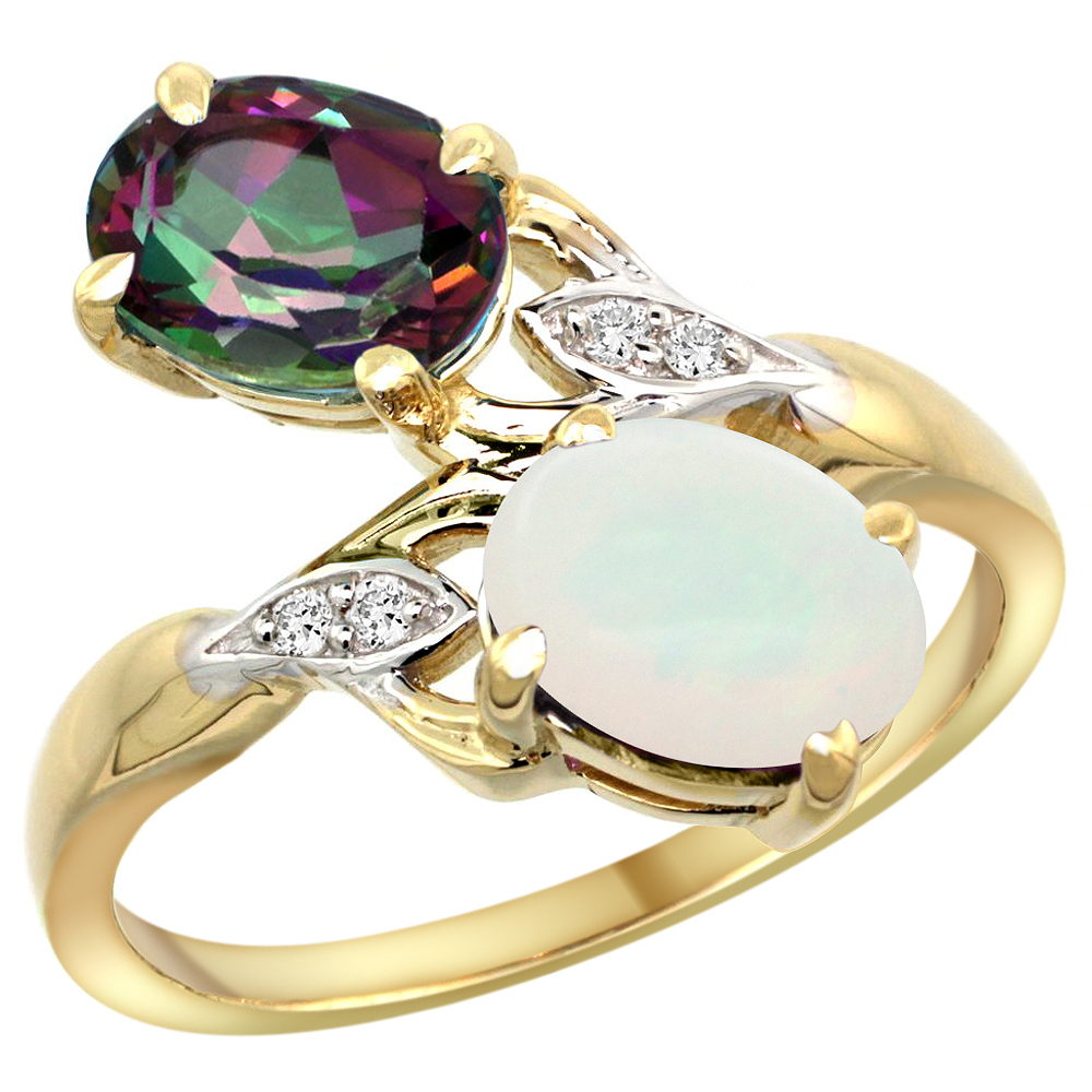 14k Yellow Gold Diamond Natural Mystic Topaz & Opal 2-stone Ring Oval 8x6mm, sizes 5 - 10