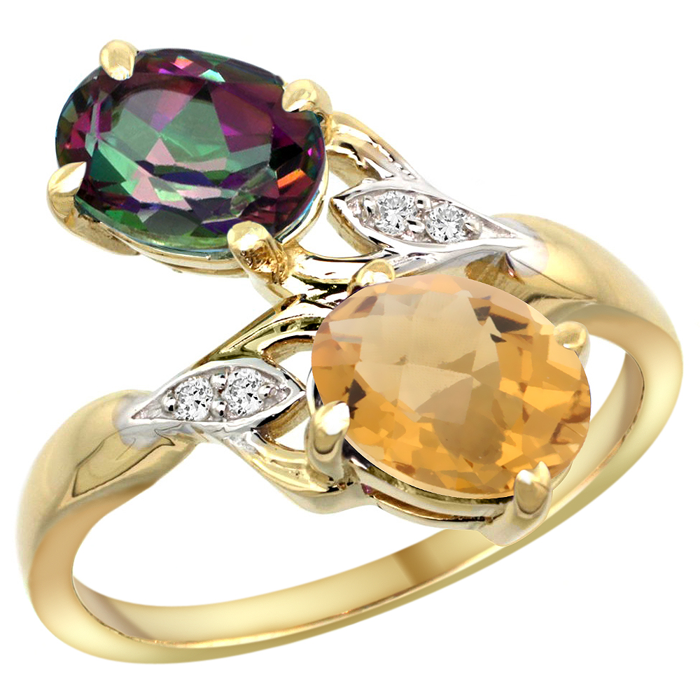 14k Yellow Gold Diamond Natural Mystic Topaz & Whisky Quartz 2-stone Ring Oval 8x6mm, sizes 5 - 10