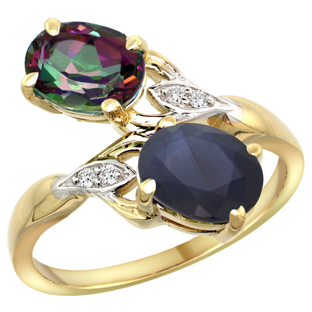 14k Yellow Gold Diamond Natural Mystic Topaz &amp; Australian Sapphire 2-stone Ring Oval 8x6mm, sizes 5 - 10