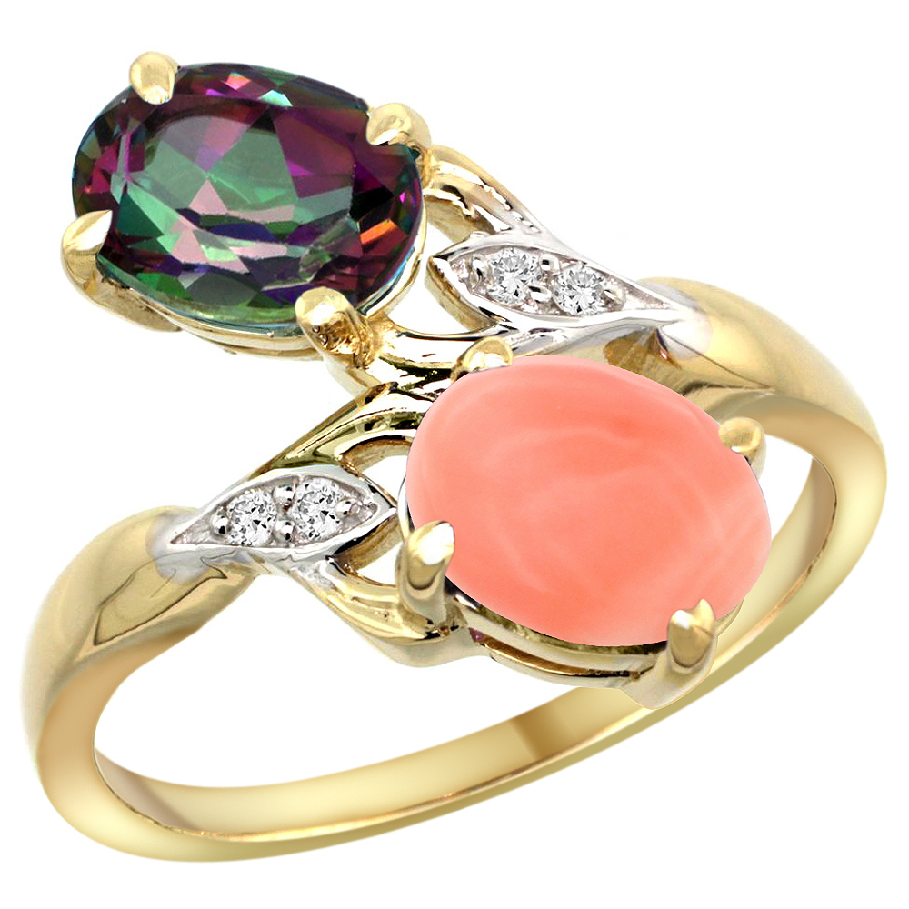 10K Yellow Gold Diamond Natural Mystic Topaz &amp; Coral 2-stone Ring Oval 8x6mm, sizes 5 - 10