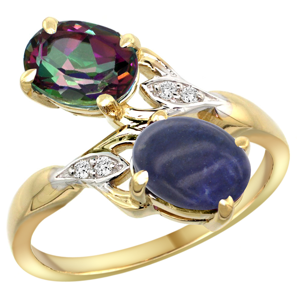 14k Yellow Gold Diamond Natural Mystic Topaz & Lapis 2-stone Ring Oval 8x6mm, sizes 5 - 10