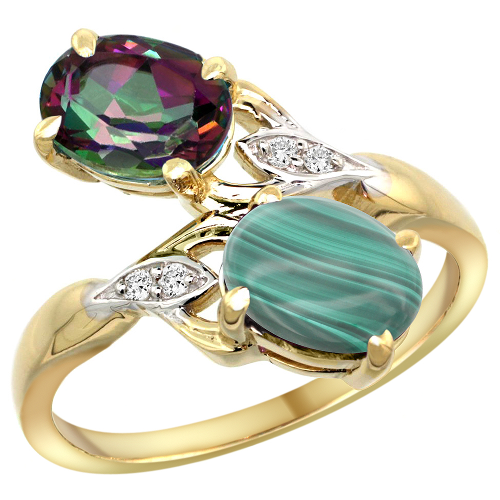 10K YELLOW GOLD DIAMOND NATURAL MYSTIC TOPAZ & MALACHITE 2-STONE RING OVAL 8X6MM, SIZES 5 - 10