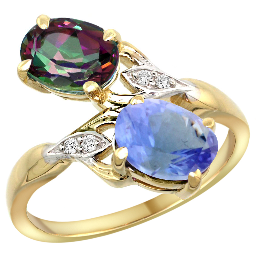 10K Yellow Gold Diamond Natural Mystic Topaz & Tanzanite 2-stone Ring Oval 8x6mm, sizes 5 - 10