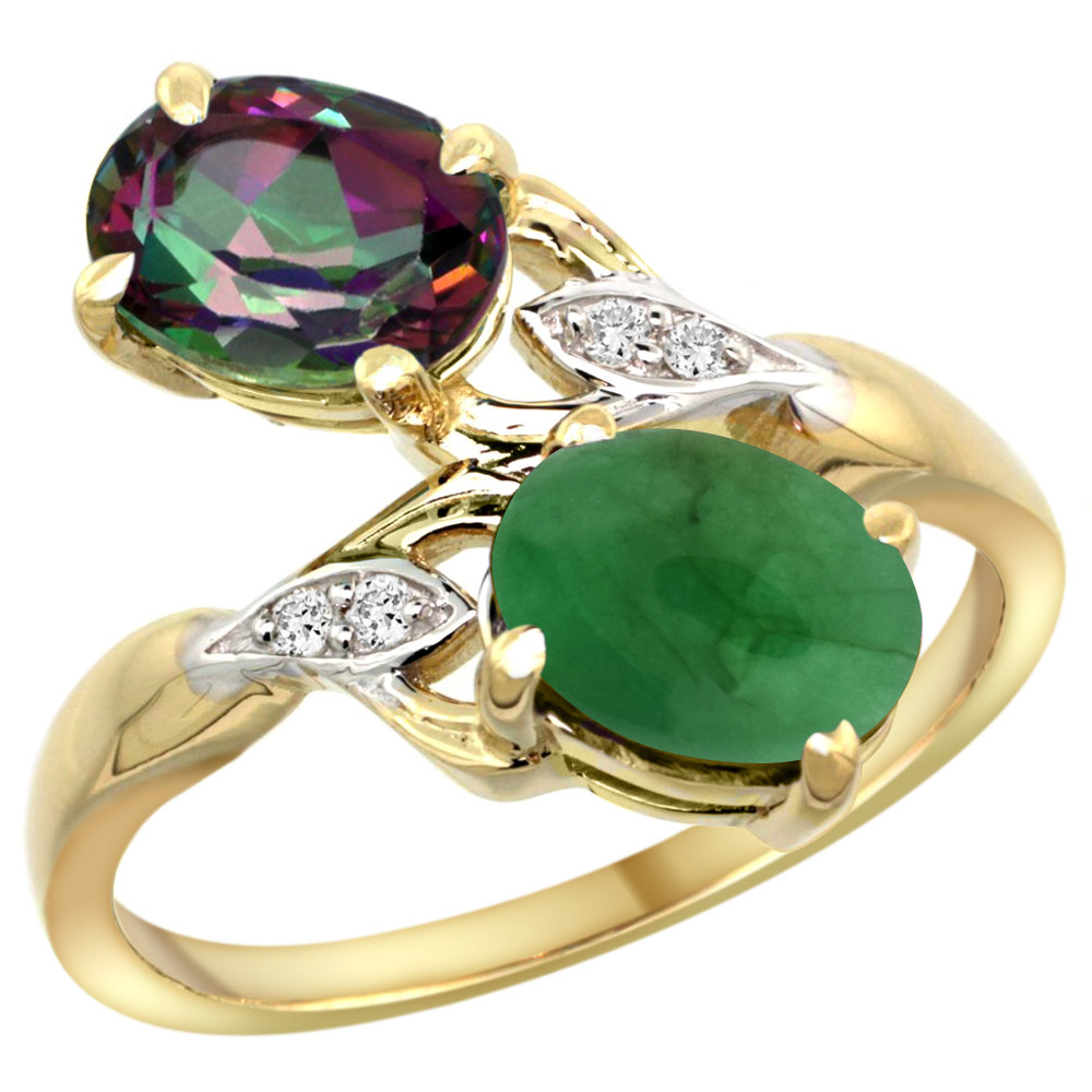 10K YELLOW GOLD DIAMOND NATURAL MYSTIC TOPAZ & CABOCHON EMERALD 2-STONE RING OVAL 8X6MM, SIZES 5 - 10