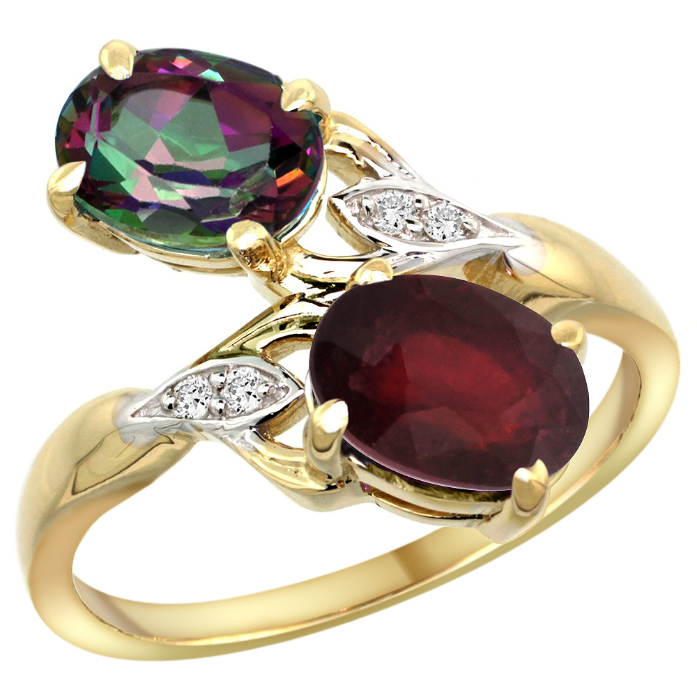 10K Yellow Gold Diamond Natural Mystic Topaz &amp; Quality Ruby 2-stone Mothers Ring Oval 8x6mm, size 5 - 10