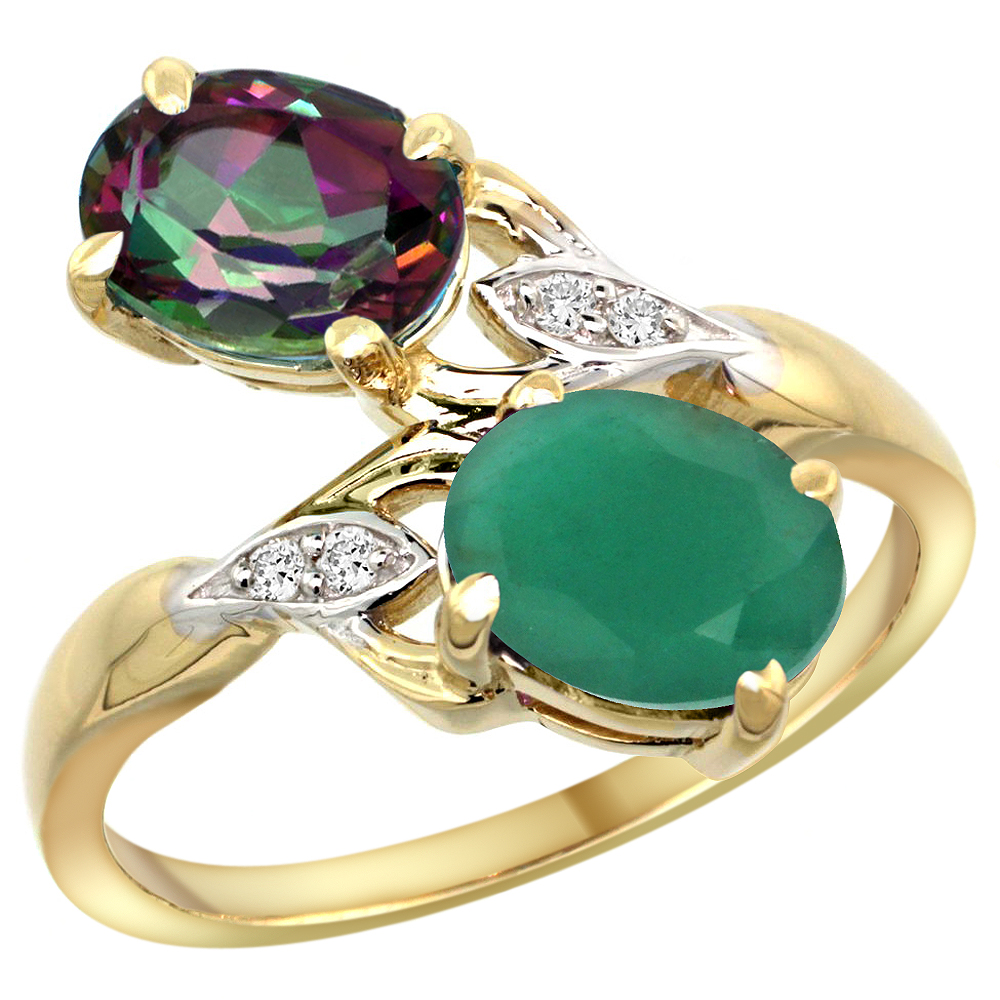 14k Yellow Gold Diamond Natural Mystic Topaz &amp; Quality Emerald 2-stone Mothers Ring Oval 8x6mm, sz 5 - 10