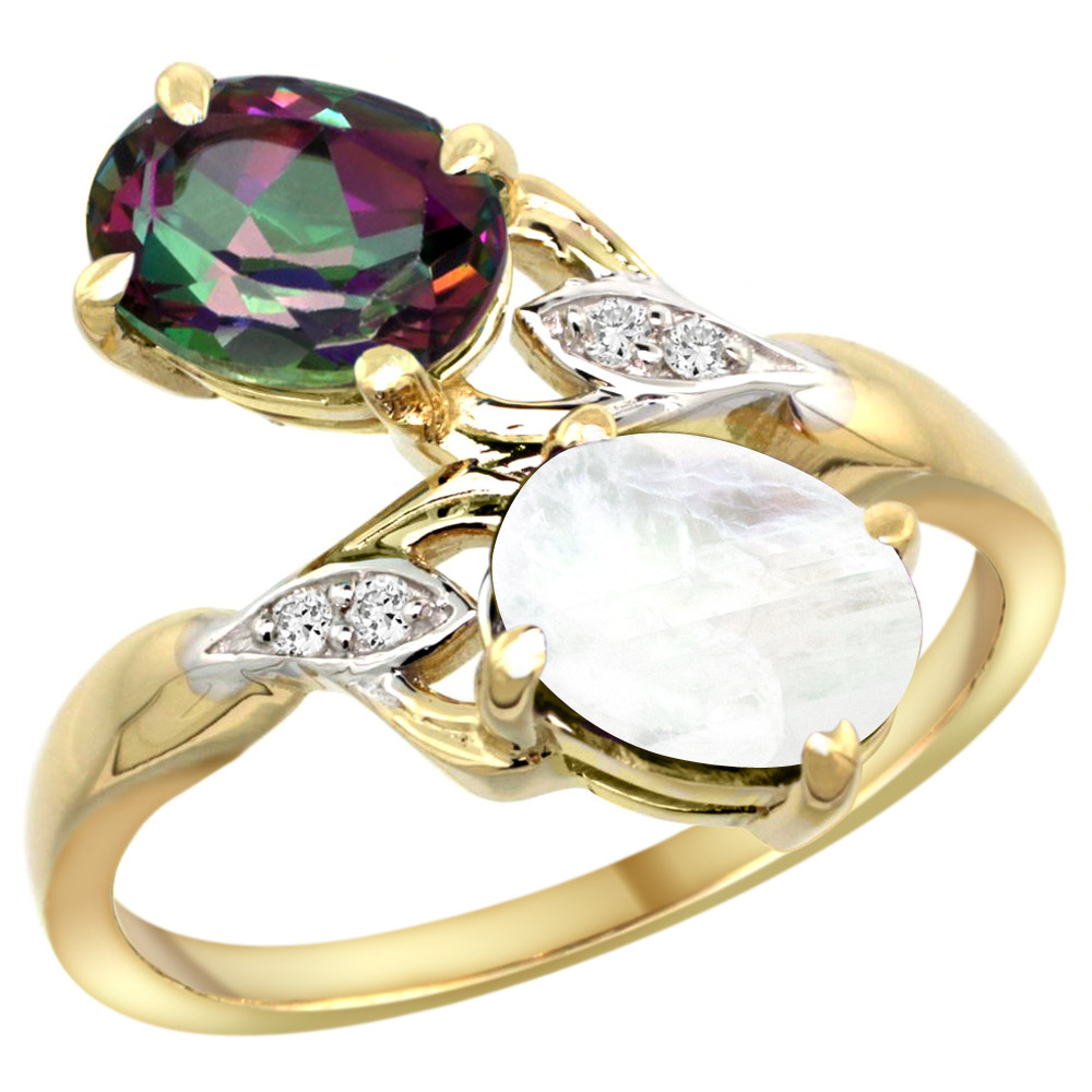 14k Yellow Gold Diamond Natural Mystic Topaz & Rainbow Moonstone 2-stone Ring Oval 8x6mm, sizes 5 - 10