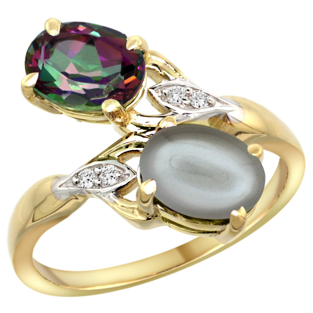 10K Yellow Gold Diamond Natural Mystic Topaz &amp; Gray Moonstone 2-stone Ring Oval 8x6mm, sizes 5 - 10