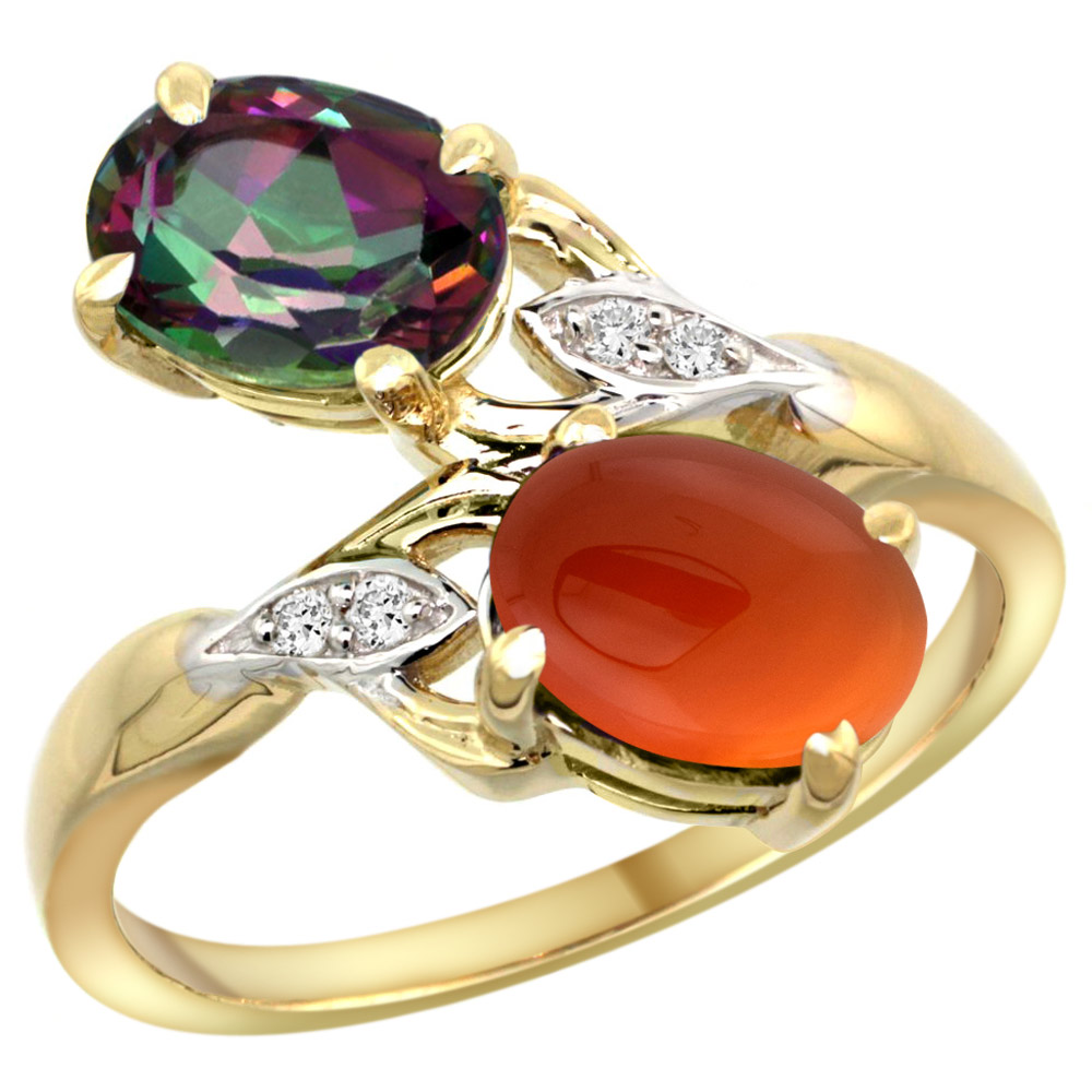10K Yellow Gold Diamond Natural Mystic Topaz &amp; Brown Agate 2-stone Ring Oval 8x6mm, sizes 5 - 10