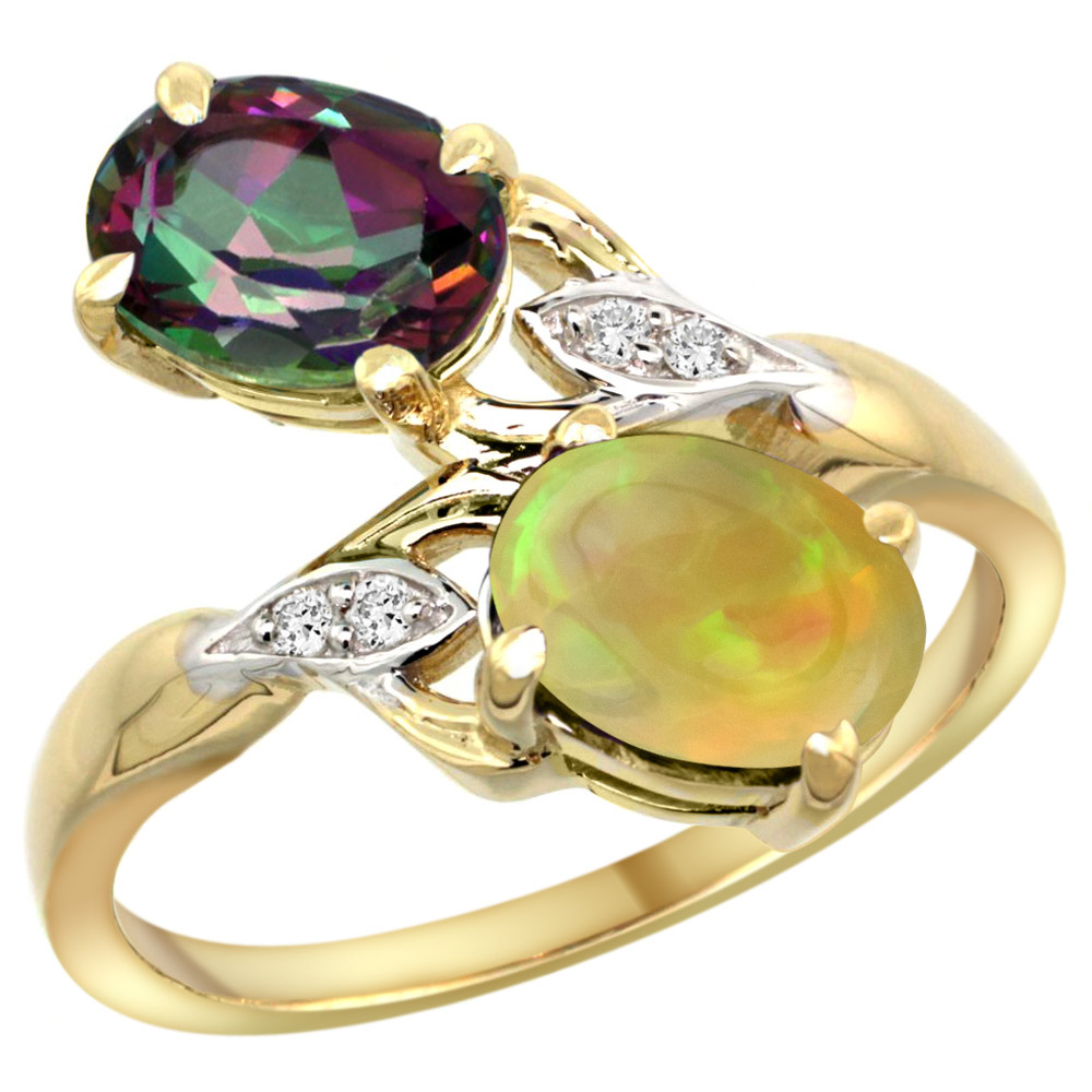 14k Yellow Gold Diamond Natural Mystic Topaz &amp; Ethiopian Opal 2-stone Mothers Ring Oval 8x6mm, size 5-10