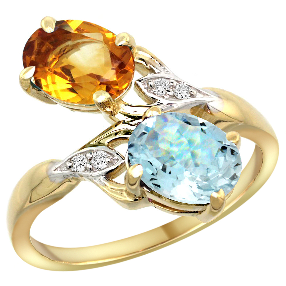 10K YELLOW GOLD DIAMOND NATURAL CITRINE & AQUAMARINE 2-STONE RING OVAL 8X6MM, SIZES 5 - 10