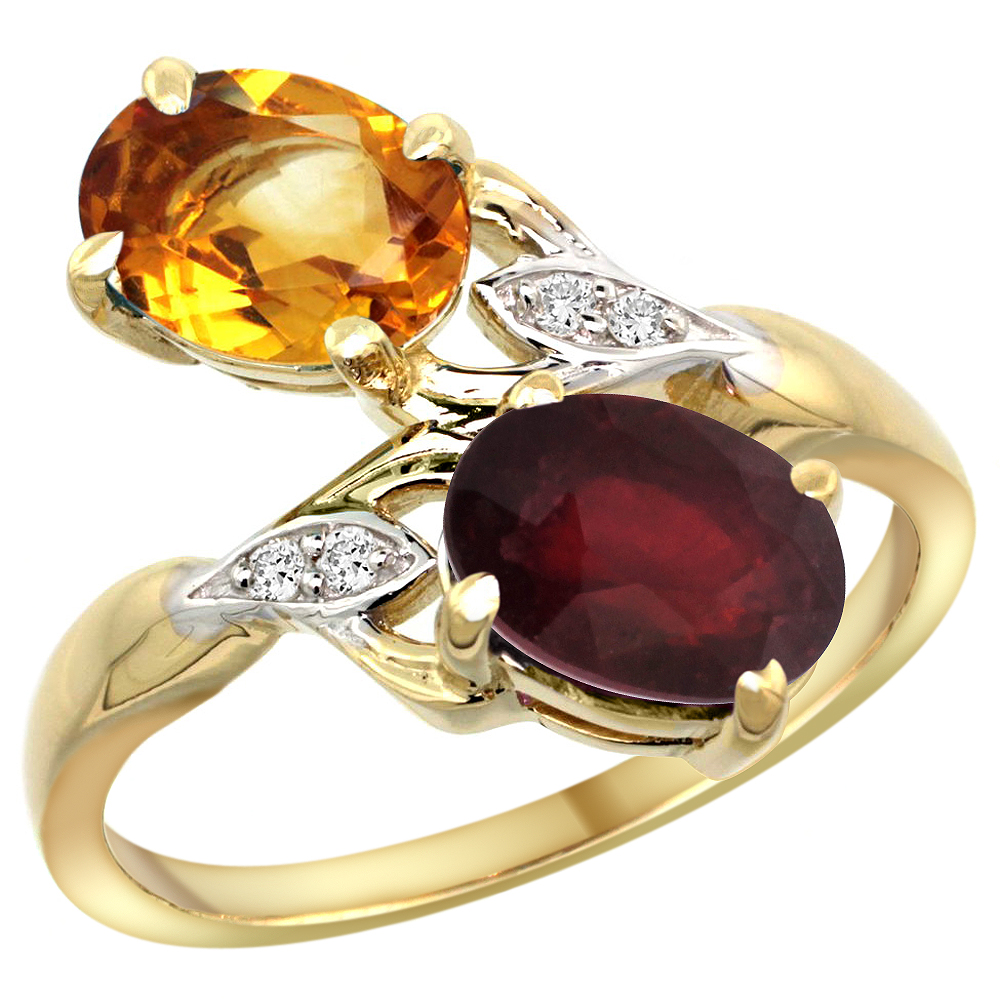 14k Yellow Gold Diamond Natural Citrine &amp; Enhanced Genuine Ruby 2-stone Ring Oval 8x6mm, sizes 5 - 10
