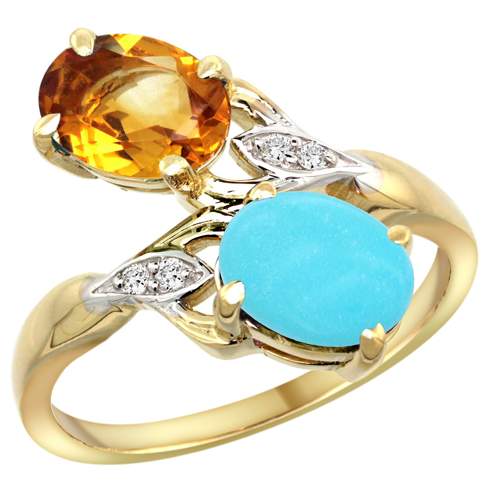 10K Yellow Gold Diamond Natural Citrine &amp; Turquoise 2-stone Ring Oval 8x6mm, sizes 5 - 10